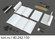 Брошюра на темном фоне. 3D-рендеринг макета брошюры формата А5 с двумя линиями сгиба в разных вариантах раскрытия. Стоковая иллюстрация, иллюстратор Юлия Мелешина / Фотобанк Лори