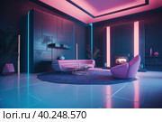 A architectural view to comfortable futiristic living room with synthwave colors lighting. AI generative image. Стоковое AI-изображение, AI-художник Сергей Старуш / Фотобанк Лори