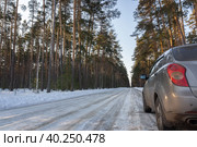 Car on winter snow road in coniferous forest. Стоковое фото, фотограф Корнеев Вячеслав / Фотобанк Лори
