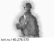An armed soldier in military uniform holds a rifle in his hands on a white background, one, drawing. Стоковое фото, фотограф Владимир Арсентьев / Фотобанк Лори