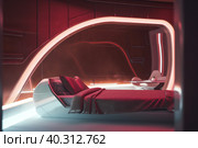 A architectural view to comfortable futiristic bedroom. AI generative image. Стоковое AI-изображение, AI-художник Сергей Старуш / Фотобанк Лори