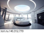 A architectural view to comfortable futiristic bedroom. AI generative image. Стоковое AI-изображение, AI-художник Сергей Старуш / Фотобанк Лори