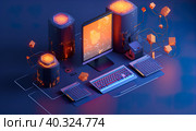 3D rendering, computer, network, energy-filled, illustrations, Arthur Skijali-Weiss, aerial photography, light indigo, orange, RTX on, heistcore, graphic design elements, cyberpunk, futuristic, technology, data, wires, abstract, geometric shapes, digital art, neon, glitch, cityscape, dark, vibrant, modern, motion, movement, dynamic, futuristic architecture. Стоковое AI-изображение, AI-художник Галина Царькова / Фотобанк Лори