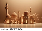 Postcard for the holiday Eid al adha. Mosques and minarets, lanterns on a beige background. With Generative AI tehnology. Стоковое AI-изображение, AI-художник Мария Фадеева / Фотобанк Лори