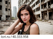 A young woman with dark brown hair in a khaki T-shirt against the background of city ruins. Generative AI. Стоковое AI-изображение, AI-художник Mixail59 / Фотобанк Лори
