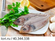 Fresh megrim sole flatfish on wooden board. Стоковое фото, фотограф Яков Филимонов / Фотобанк Лори