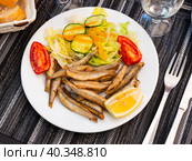 Dish with fried sardines, pilchards or anchovies in batter for traditional Spanish meal. Стоковое фото, фотограф Яков Филимонов / Фотобанк Лори