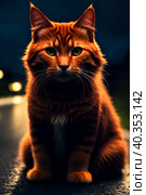 A red-haired cat is sitting on wet asphalt after a rain at night. Generative AI. Стоковое AI-изображение, AI-художник Mixail59 / Фотобанк Лори
