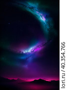 Cosmic landscape of the planet's surface and the starry sky in a distant galaxy. Generative AI. Стоковое AI-изображение, AI-художник Mixail59 / Фотобанк Лори