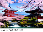 Spring sakura blossoms against the backdrop of Mount Fuji, landscape. Стоковое AI-изображение, AI-художник Сергей Елизарьев / Фотобанк Лори