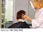 real female haircut in a beauty salon. female hairdresser and client. fixing hair with hairspray. female business. thinning. Стоковое фото, фотограф Антон Вахрушев / Фотобанк Лори