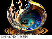 Surreal psychedelic explosion of multicolored swirling, melting, liquid dripping vitreous enamel, dramatic macro photography. Стоковое AI-изображение, AI-художник Ярославский Максим / Фотобанк Лори