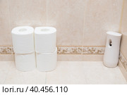 Rolls of white toilet paper and air freshener on the toilet shelf. Стоковое фото, фотограф Юрий Поздников / Фотобанк Лори