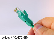 Рука держит патч корд с Ethernet разъёмом RJ45 для подключения к сети интернет. Стоковое фото, фотограф Нелик Дулатов / Фотобанк Лори