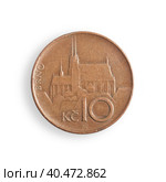 Czech 10 koruns coin. Czech inscription «10 korun. Saint Wenceslas, don't let us and our future perish" in English. Design element with clipping path. Стоковое фото, фотограф Елена  Попкова / Фотобанк Лори
