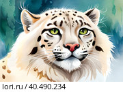 Снежный барс, акварельный рисунок. Стоковое AI-изображение, AI-художник Щеголева Ольга / Фотобанк Лори