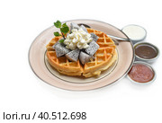 Plate of Belgium waffles with sliced dragon fruit and ice cream isolated on white background. Стоковое фото, фотограф Татьяна Терехина / Фотобанк Лори