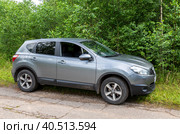 Nissan Qashqai на фоне зеленых деревьев (2020 год). Редакционное фото, фотограф FotograFF / Фотобанк Лори