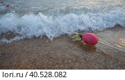 Buoys on a rope near sea water. The buoys are pink restraints to alert people to the depth of the water. Rescue of the drowning. Delimiting a place on a sandy beach between hotels. Wave with bubbles. Стоковое фото, фотограф Юлия Петровская / Фотобанк Лори