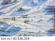 Branches of the railway at the marshalling yard, a lot of freight wagons from the height. Стоковое фото, фотограф Mikhail Starodubov / Фотобанк Лори