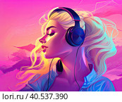 Image of an anime girl listening to music with headphones, video game style, colorful color saturation, neon. Created by AI. Стоковое AI-изображение, AI-художник Ярославский Максим / Фотобанк Лори