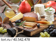 Set of fine cheeses with fruit and honey. Camembert. Bree. Grapes, pears and rosemary. Wine snacks for foodies. Selective focus. Стоковое фото, фотограф Виктория Панченко / Фотобанк Лори