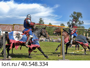 Two knights fight on spears at the festival of historical reconstruction "Russian Fortress" (2014 год). Редакционное фото, фотограф Анна Кривицкая / Фотобанк Лори