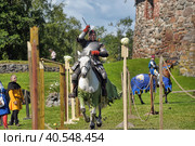 A knight with a spear on a horse at the Russian Fortress festival of historical reconstruction (2014 год). Редакционное фото, фотограф Анна Кривицкая / Фотобанк Лори