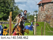 A knight with a spear on a horse at the Russian Fortress festival of historical reconstruction (2014 год). Редакционное фото, фотограф Анна Кривицкая / Фотобанк Лори