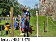 A knight with a spear on a horse at the Russian Fortress festival of historical reconstruction (2014 год). Редакционное фото, фотограф Анна Кривицкая / Фотобанк Лори
