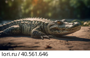False Gharial have sunbathing near its pond Illustration AI Generative. Стоковое AI-изображение, AI-художник Юлия Гапеенко / Фотобанк Лори