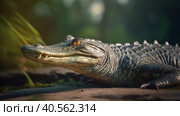 False Gharial have sunbathing near its pond Illustration AI Generative. Стоковое AI-изображение, AI-художник Юлия Гапеенко / Фотобанк Лори