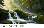 Beautiful tropical waterfall. Стоковое AI-изображение, AI-художник Lekcej / Фотобанк Лори