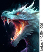 A gray-white fire-breathing dragon opens its mouth on a dark background. Стоковое AI-изображение, AI-художник Ярославский Максим / Фотобанк Лори