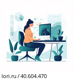 Girl with laptop sitting on the chair. Freelance or studying concept. Cute illustration in flat style. Generative AI. Стоковое AI-изображение, AI-художник Ирина Ручушкина / Фотобанк Лори