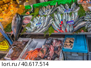 Various fish on the counter fish shop in Istanbul (2018 год). Редакционное фото, фотограф Анна Кривицкая / Фотобанк Лори