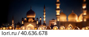 Postcard for the holiday Eid al adha. Mosques and minarets, lanterns on a dark background. With Generative AI technology. Стоковое AI-изображение, AI-художник Мария Фадеева / Фотобанк Лори