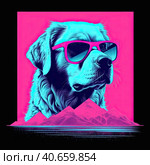 Vaporwave portrait dog in sunglasses. Futuristic animal poster style in neon. Generative AI. Стоковое AI-изображение, AI-художник Светлана Лажко / Фотобанк Лори