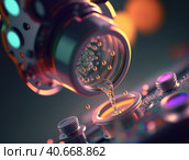 Close Up Shot of a Scientist Using Micro Pipette and Mixing Chemical Liquid with Genetically Modified Samples Under a Microscope. Work in Laboratory with Technological Equipment. Generative AI. Стоковое AI-изображение, AI-художник Sergey Grishin / Фотобанк Лори