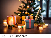 New Year's background with gift boxes, candles and decorations on a wooden table against the backdrop of a Christmas tree. Generative AI. Стоковое AI-изображение, AI-художник Mixail59 / Фотобанк Лори