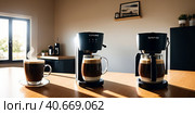 coffee machine with cup of fresh espresso coffee near it on wooden kitchen counter with interesting perspective, with cup and cappuccino automat in focus and blurred background. Generative AI. Стоковое AI-изображение, AI-художник Sergey Grishin / Фотобанк Лори
