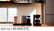 coffee machine with cup of fresh espresso coffee near it on wooden kitchen counter with interesting perspective, with cup and cappuccino automat in focus and blurred background. Generative AI. Стоковое AI-изображение, AI-художник Sergey Grishin / Фотобанк Лори