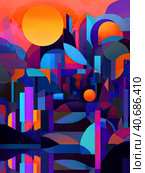 Abstract natural landscape in the style of flat cubism in blue-red tones. Стоковое AI-изображение, AI-художник Ярославский Максим / Фотобанк Лори