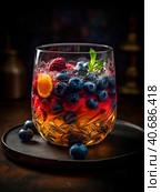 Transparent glass glass with berry compote on a dark background. Стоковое AI-изображение, AI-художник Ярославский Максим / Фотобанк Лори