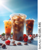 A large glass with an iced cocktail on a background of blue. Created by AI. Стоковое AI-изображение, AI-художник Ярославский Максим / Фотобанк Лори