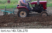 Mini tractor with plow attachment cultivates soil in potato field by plowing it. Стоковое видео, видеограф Владимир Григорьев / Фотобанк Лори