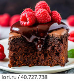 Brownie sponge cake sprinkled with fresh raspberries. Created by AI. Стоковое AI-изображение, AI-художник Ярославский Максим / Фотобанк Лори