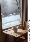 Morning fragrant coffee on the background of a frosty winter morning and a winter landscape outside the window. Стоковое AI-изображение, AI-художник Сергей Елизарьев / Фотобанк Лори