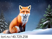 Red fox on the background of a snowy forest.In the culture of almost all peoples of the world, the fox is presented as a cunning animal, and is one of the indispensable characters of the animal epic, occupying a prominent place in it. Стоковое AI-изображение, AI-художник Сергей Елизарьев / Фотобанк Лори