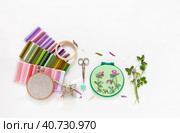 Summer needlework. Hand embroidery with satin ribbons of blooming clover in hoop, sets of multi-colored ribbons, accessories for embroidery on white background. Flat lay, copy space, close-up. Стоковое фото, фотограф Виктория Катьянова / Фотобанк Лори